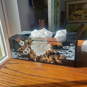 Vtg Japanese Lacquerware Tissue Box Holder Black Floral Motif Yamanaka Aizu
